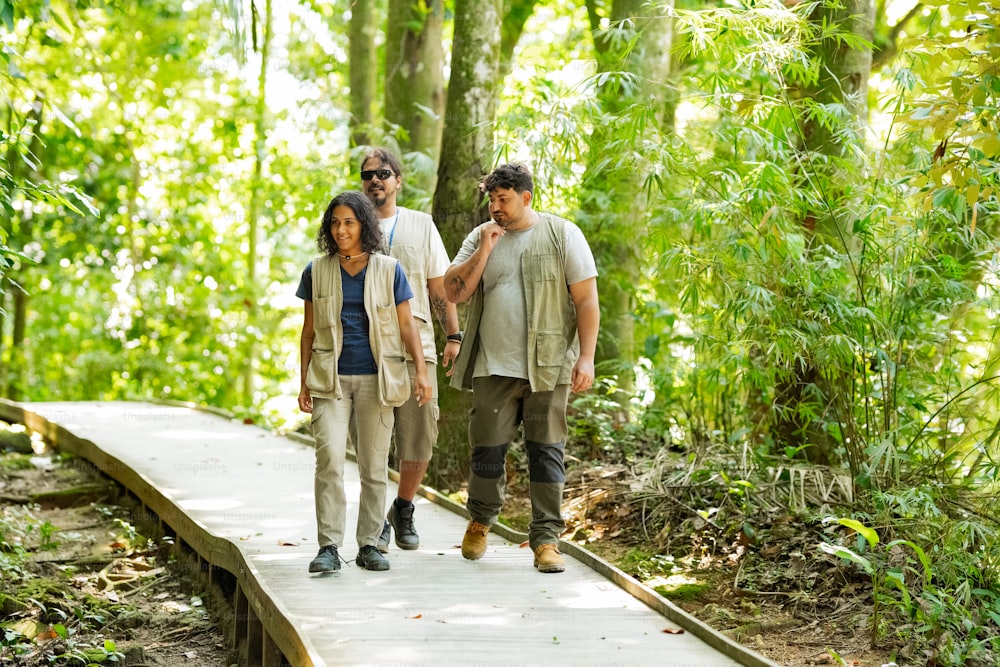 Un grupo de personas caminando a través de un puente en el bosque