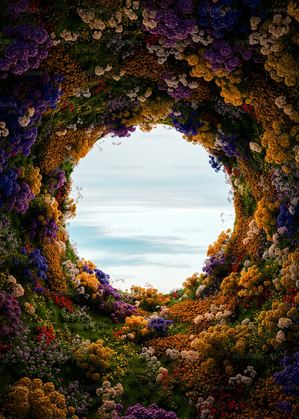 a circle of flowers with a sky in the background