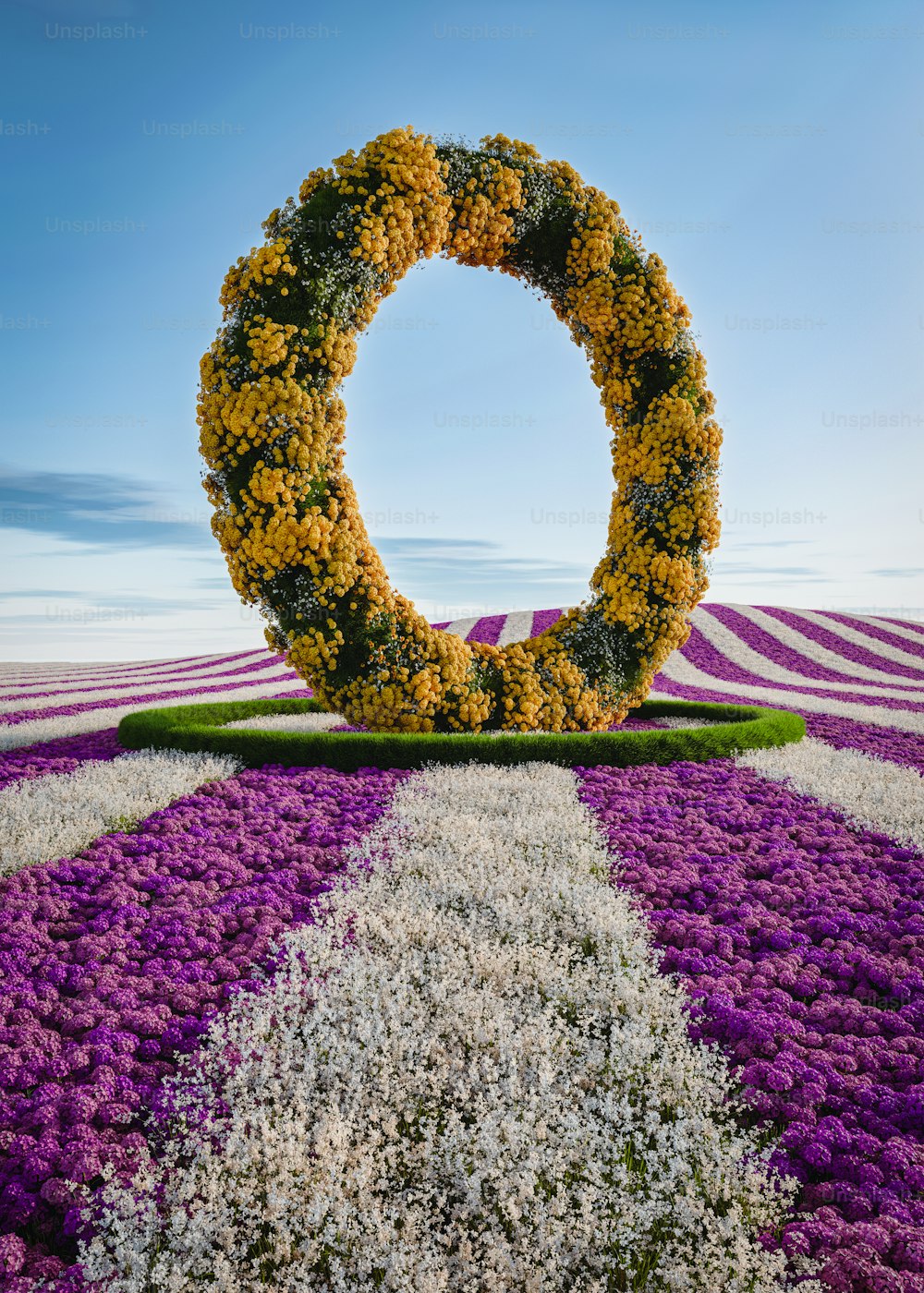 a field of purple and white flowers with a large circle of flowers in the middle