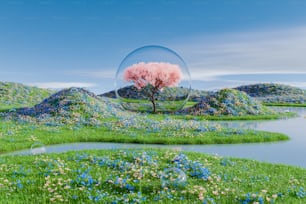 una bolla che galleggia su un lussureggiante campo verde vicino a un lago