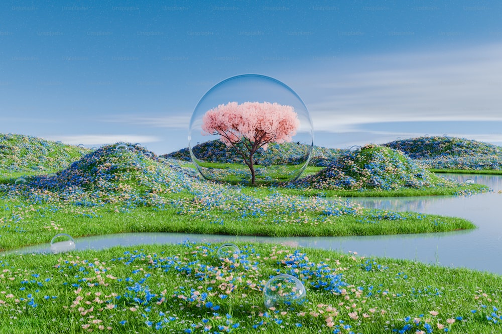 a bubble floating over a lush green field next to a lake