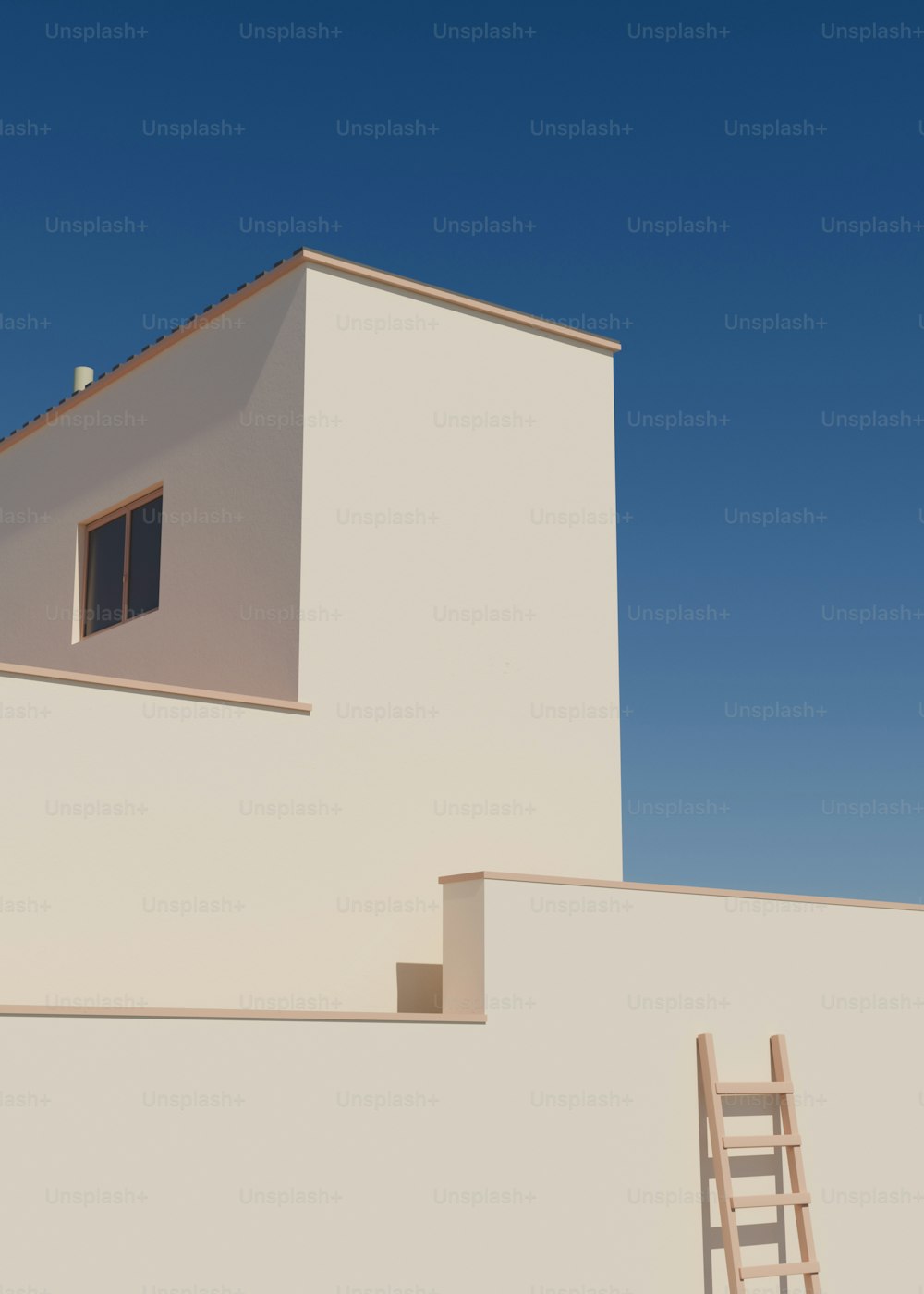 a ladder leaning against the side of a white building