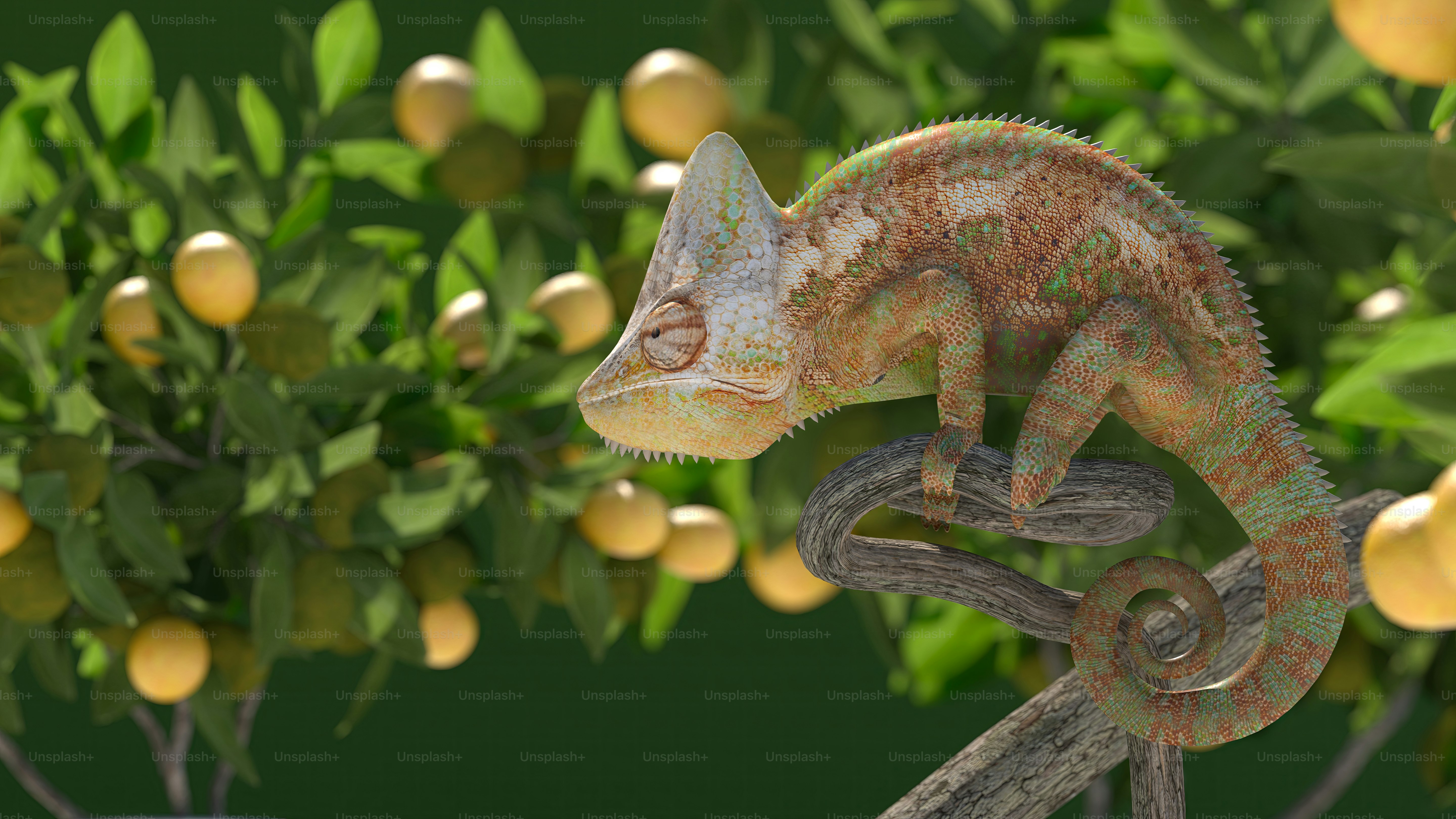 un primo piano di un camelone su un ramo di un albero