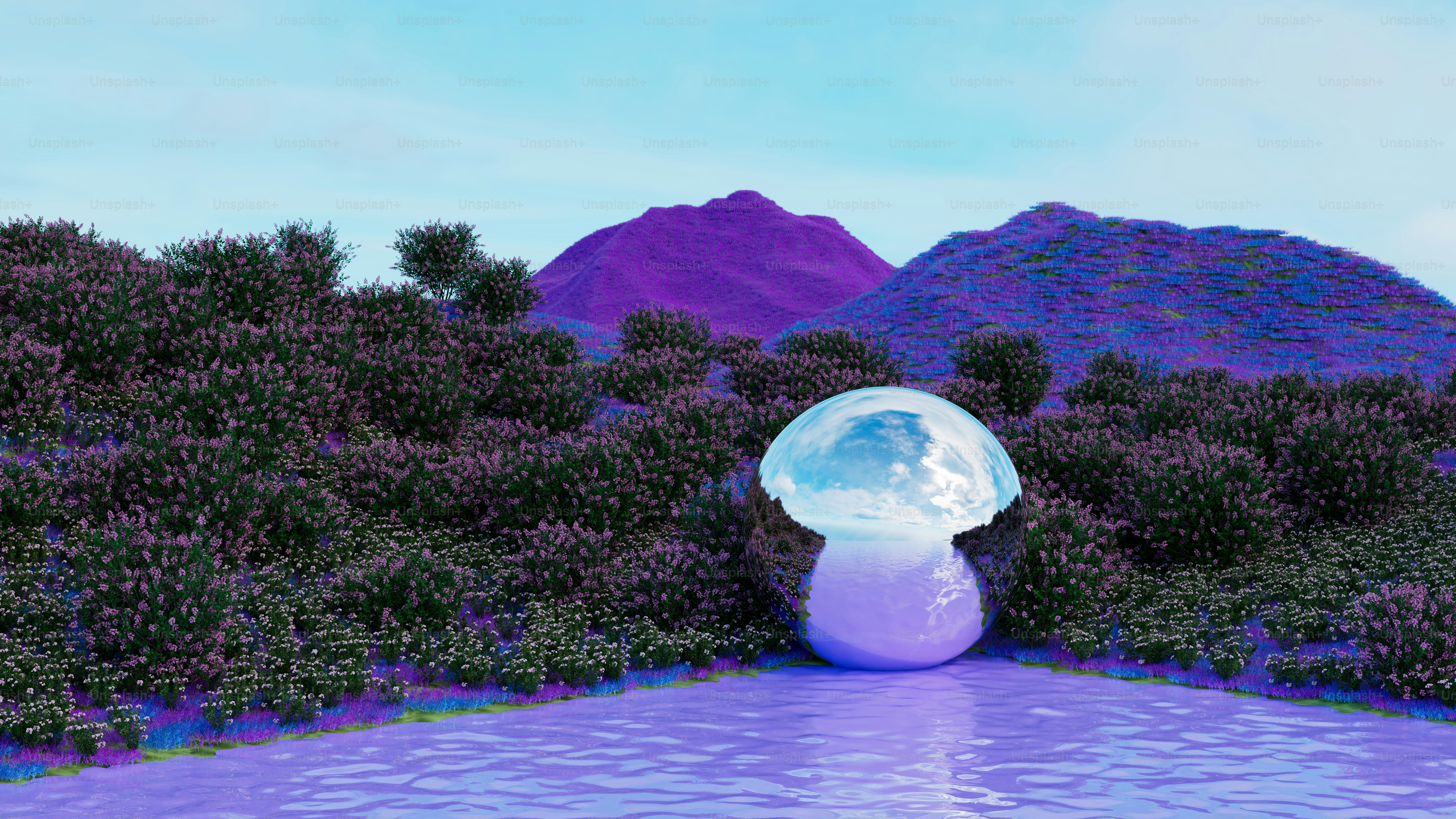 a painting of a blue and purple landscape with mountains in the background