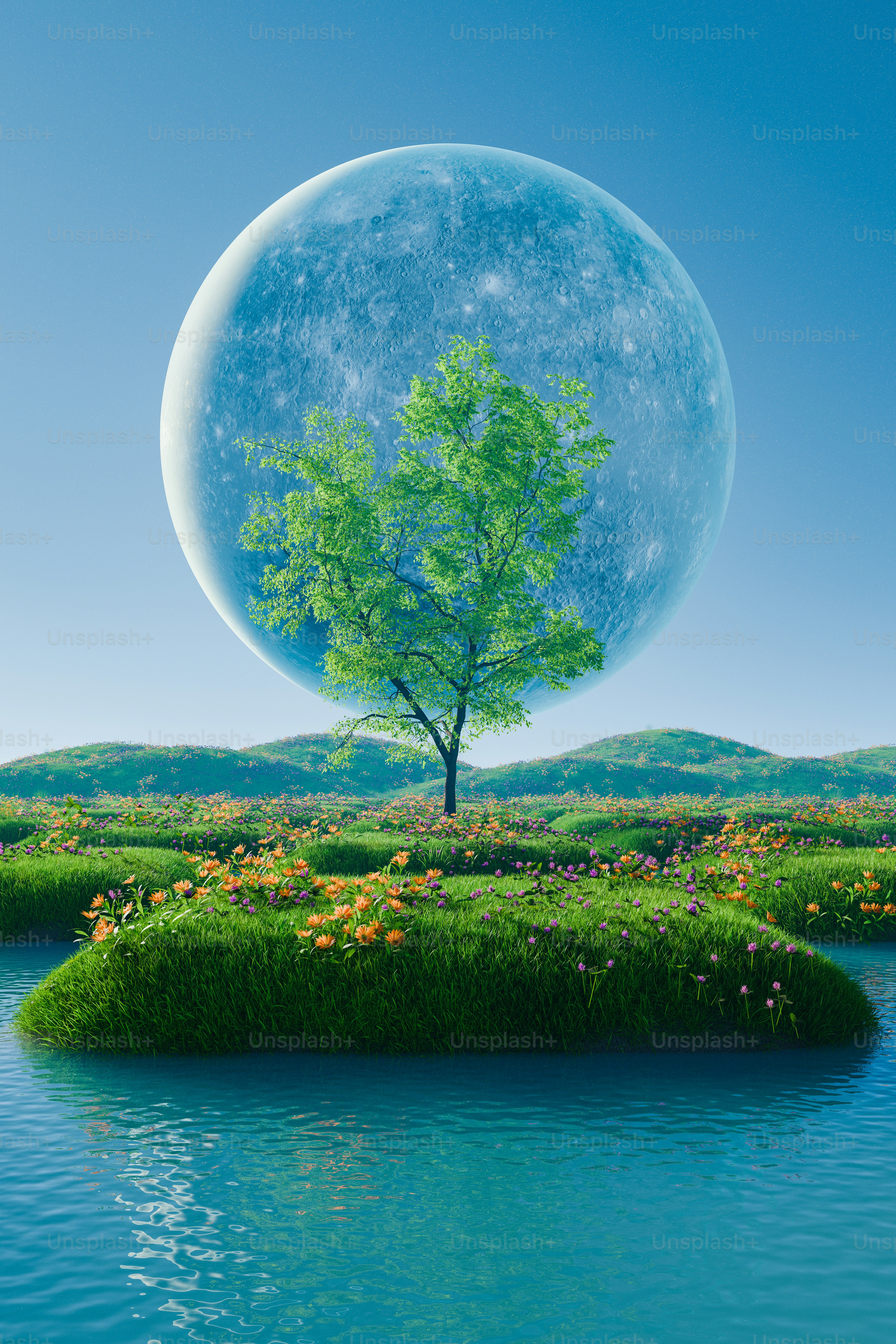 a painting of a tree on an island in the middle of a lake