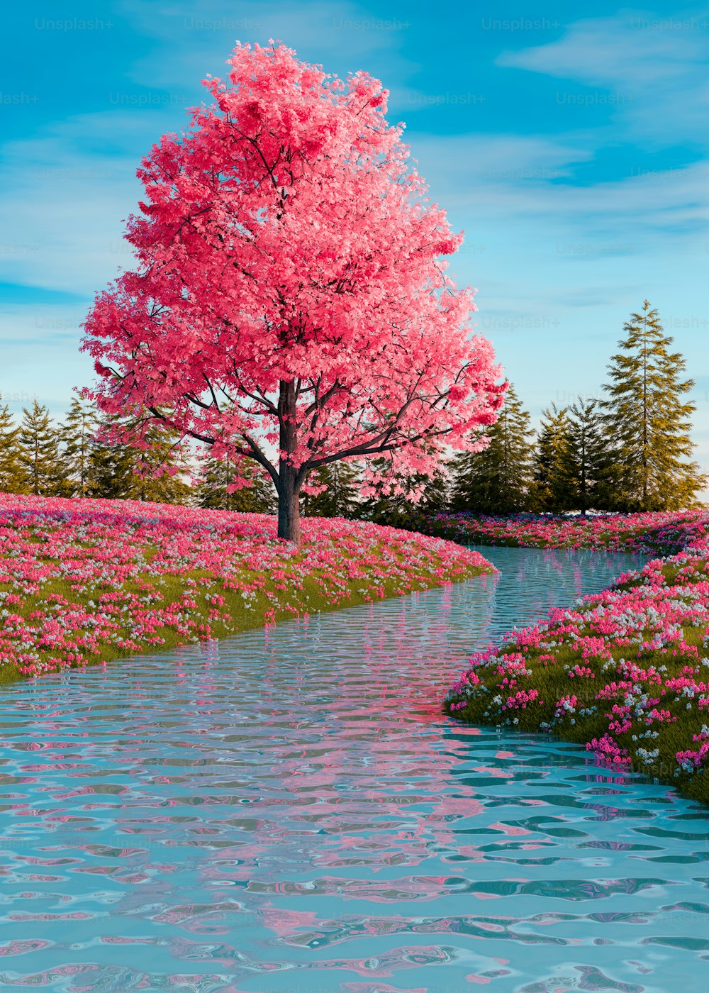 una pintura de un árbol rosa junto a un río