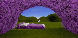 there is a purple bed in the middle of a field