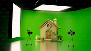 a green room with a camera and a small house