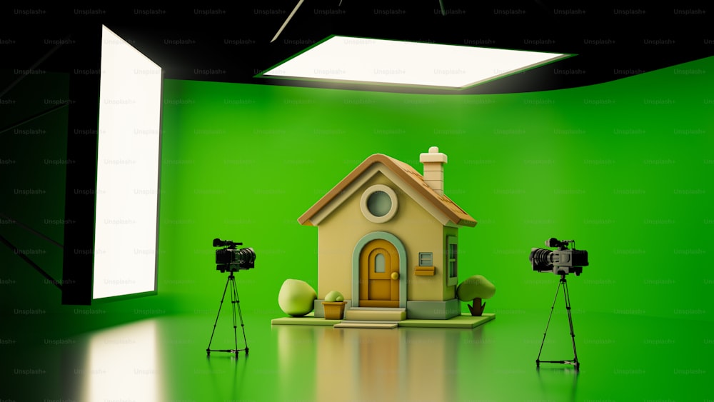 a green room with a camera and a small house