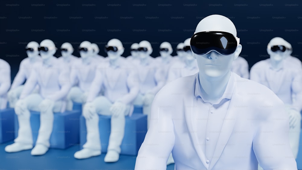Un gruppo di manichini bianchi che indossano occhiali virtuali