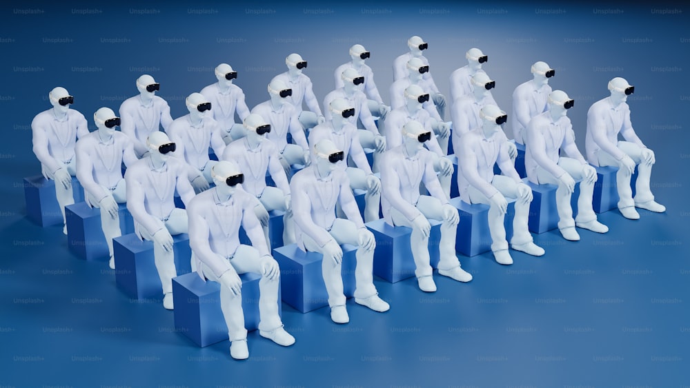 Eine Gruppe weißer Schaufensterpuppen sitzt auf blauen Blöcken