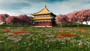 a pagoda in a field of flowers and trees