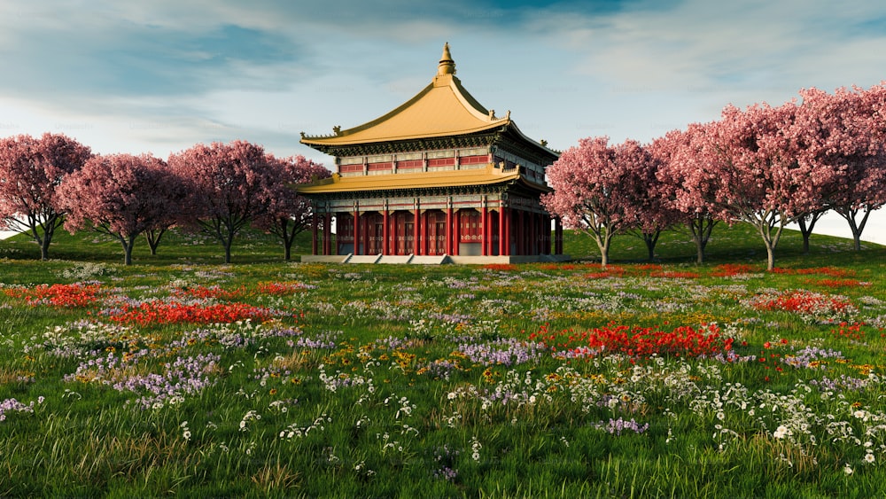 a pagoda in a field of flowers and trees