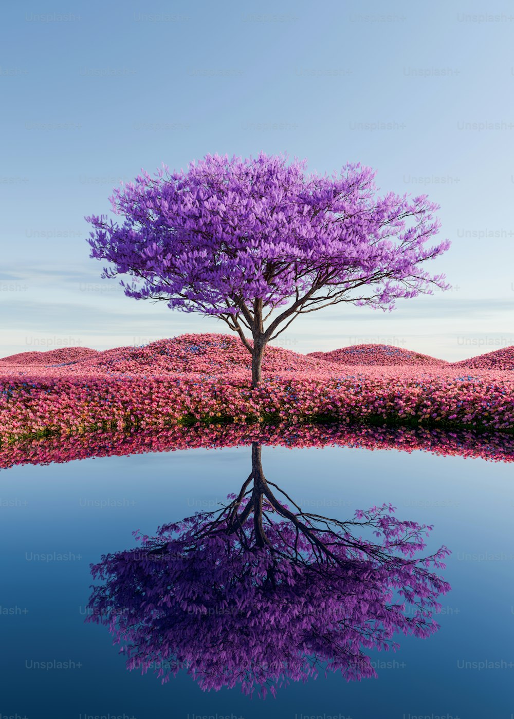 a purple tree is reflected in the water