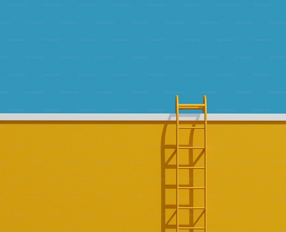 a yellow ladder leaning against a yellow wall
