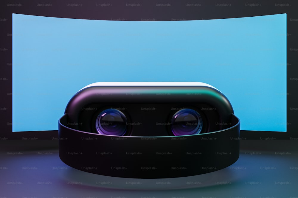 a black object with two large eyes in front of a blue background