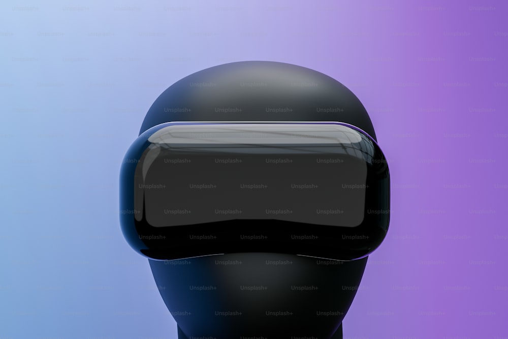 a black robot with a blue and purple background