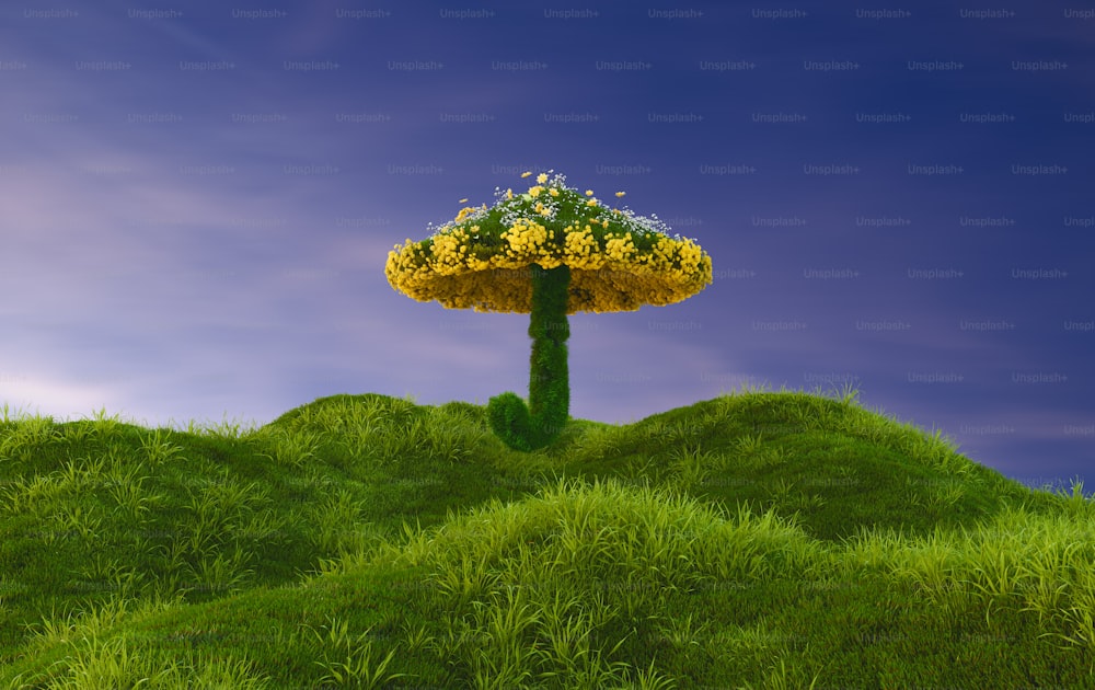 a green hill with a yellow tree on top of it
