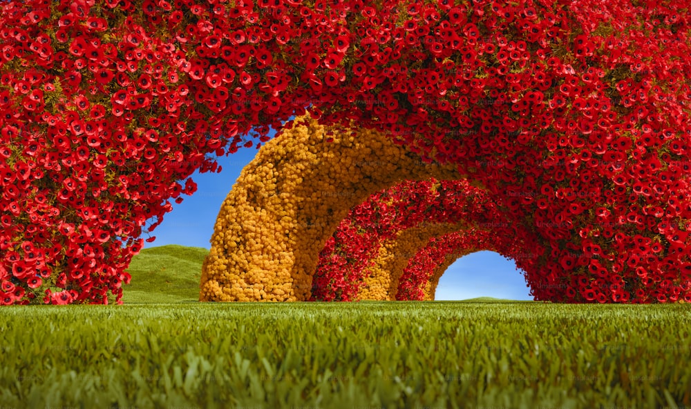 a painting of a red and yellow tunnel in the grass