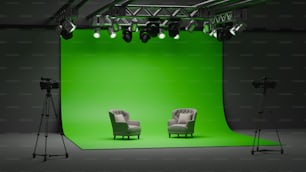 a green screen with two chairs in front of it