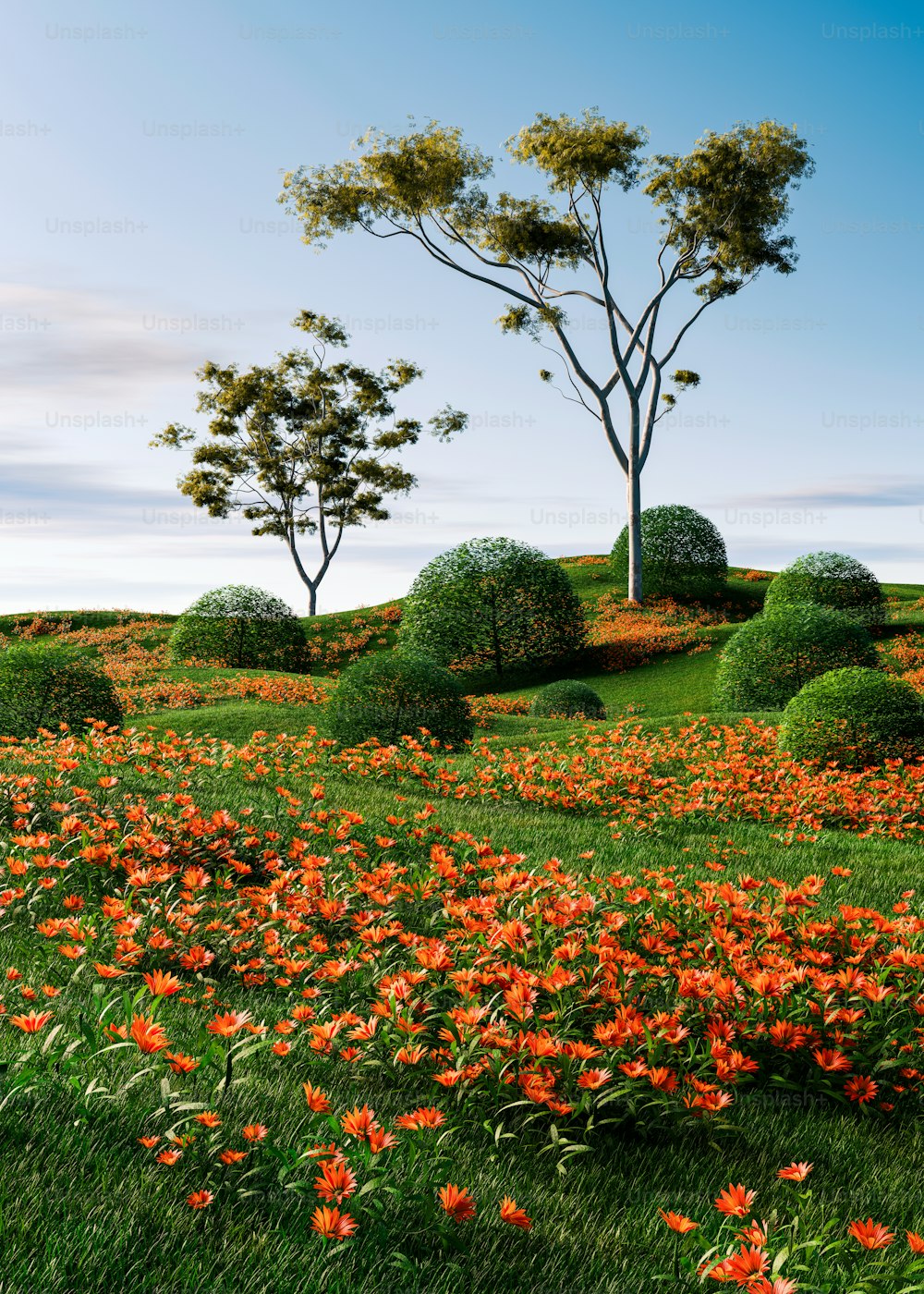 a field of flowers with a tree in the background