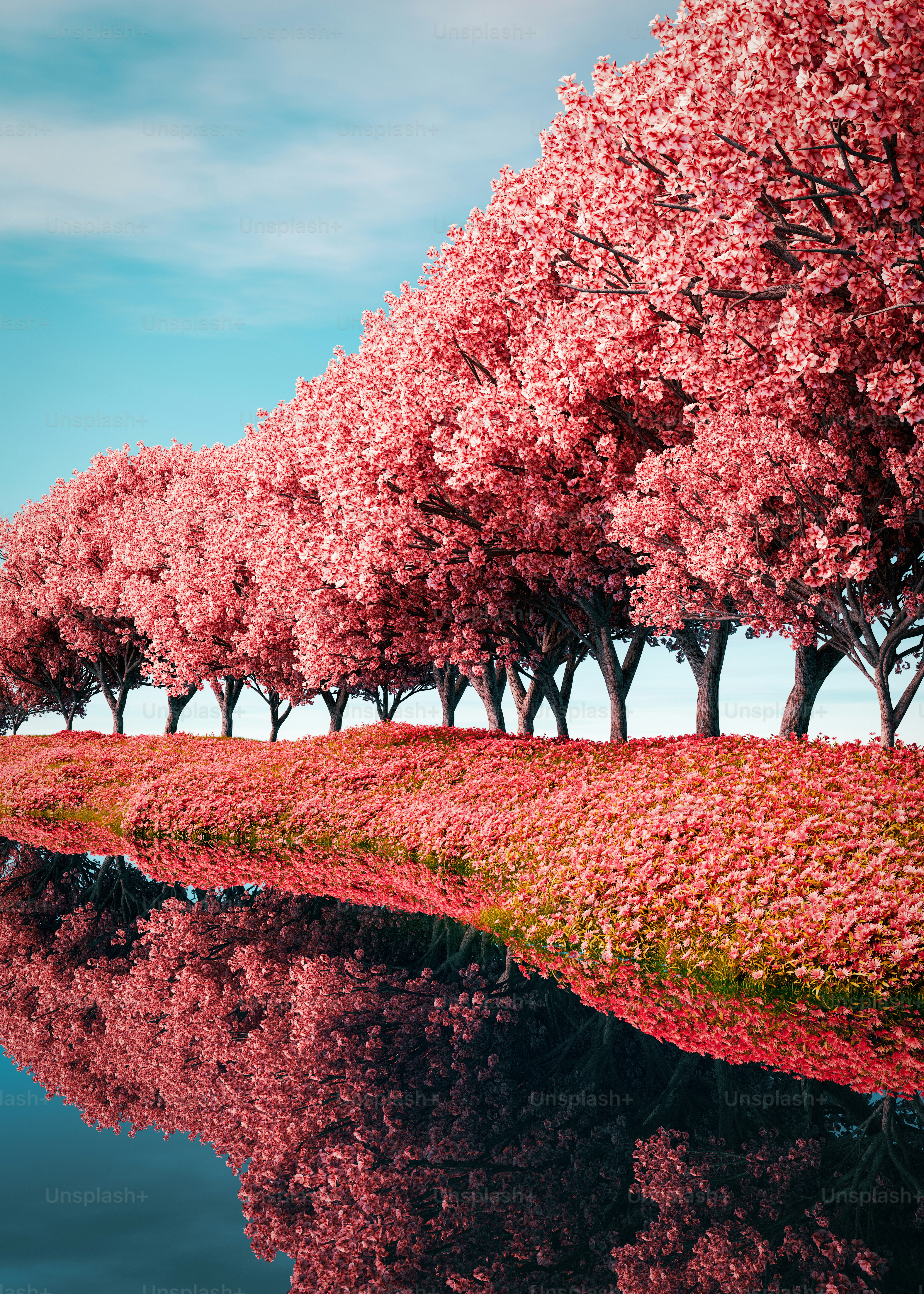 eine Baumreihe neben einem Gewässer