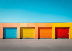 a row of colorful garage doors in front of a building