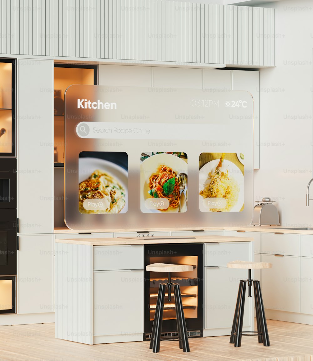 a kitchen with a large display of food on the wall