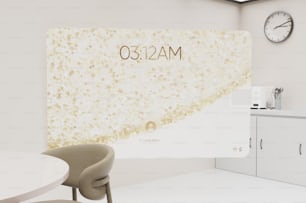a white room with a clock on the wall