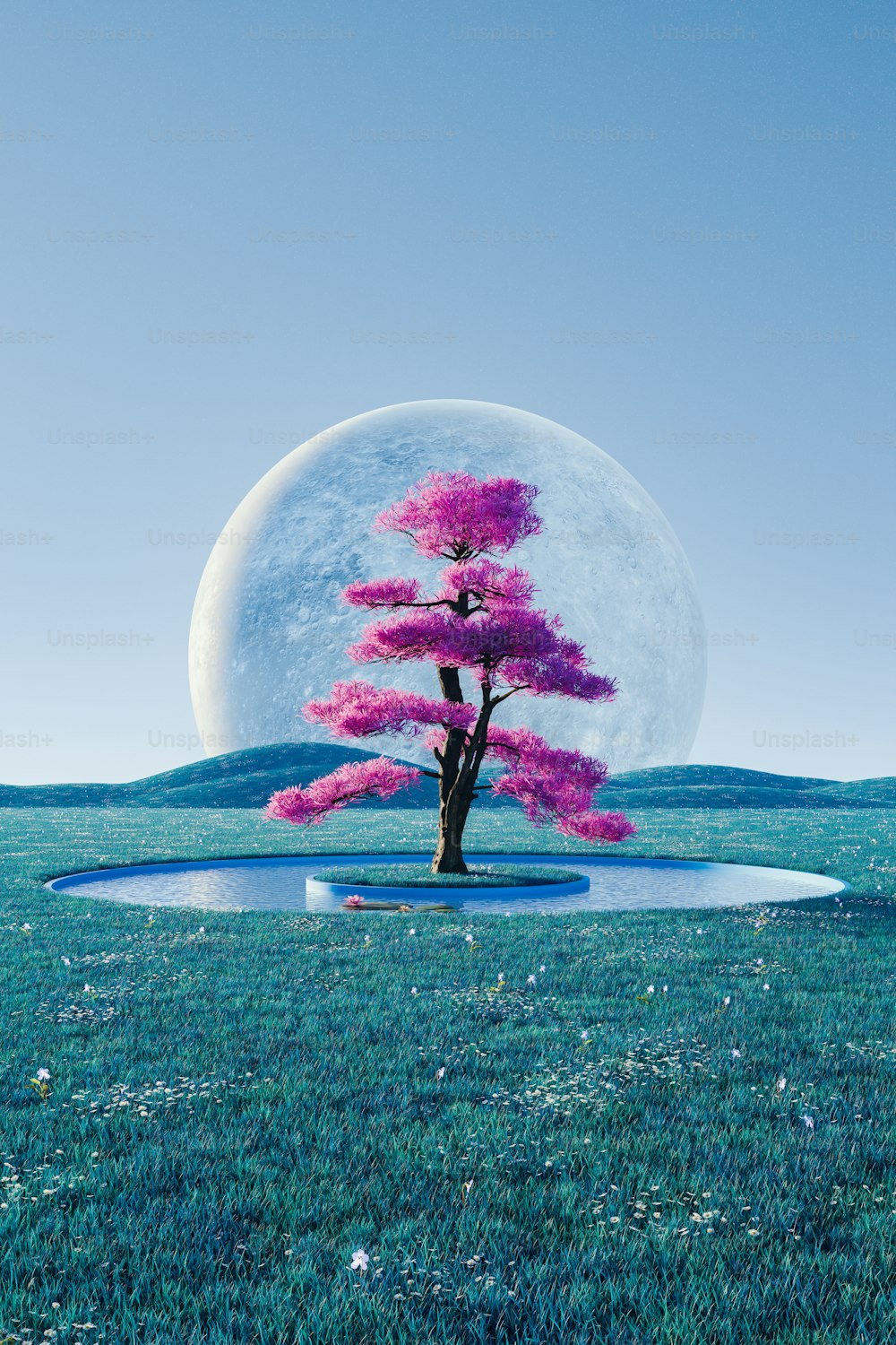 uma árvore em um campo com uma lua cheia no fundo