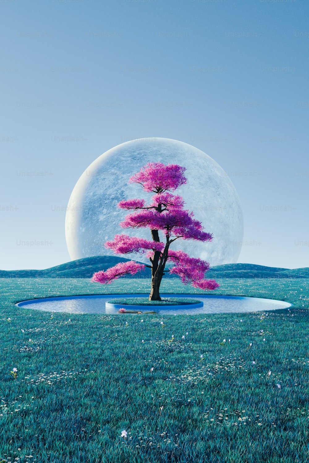 a tree in a field with a full moon in the background