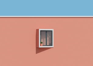 una ventana en una pared rosa con una planta en la ventana