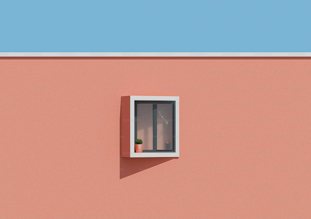 uma janela em uma parede rosa com uma planta na janela