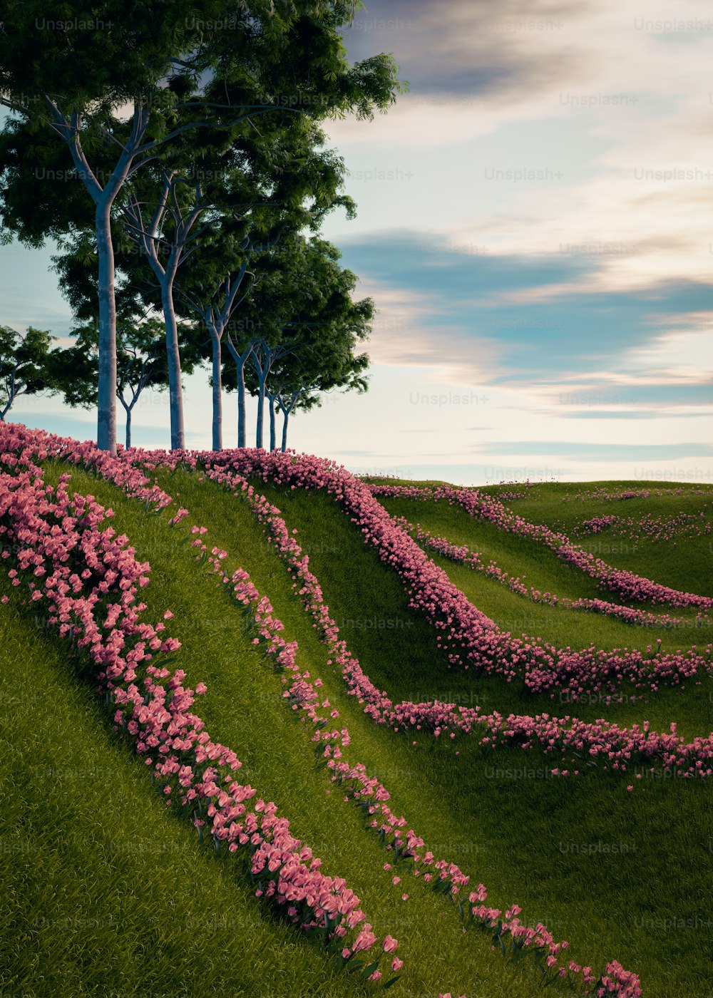 a painting of pink flowers on a grassy hill