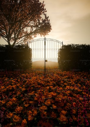 the sun is setting behind a gate in a field of flowers