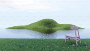 una sedia di legno seduta in cima a un campo verde lussureggiante