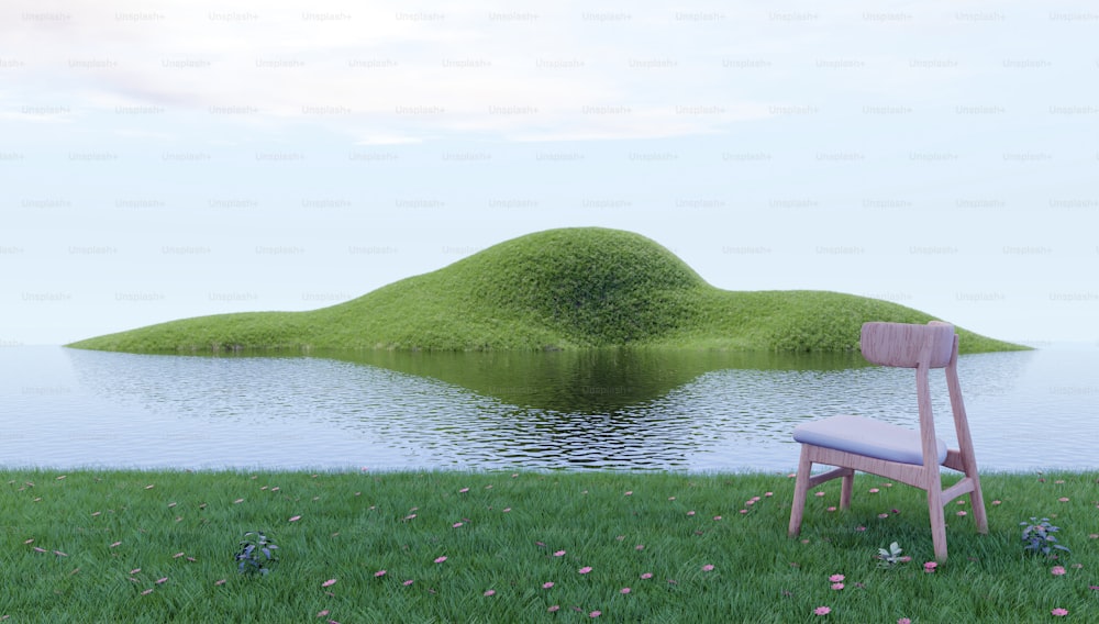 무성한 녹색 들판 위에 앉아있는 나무 의자