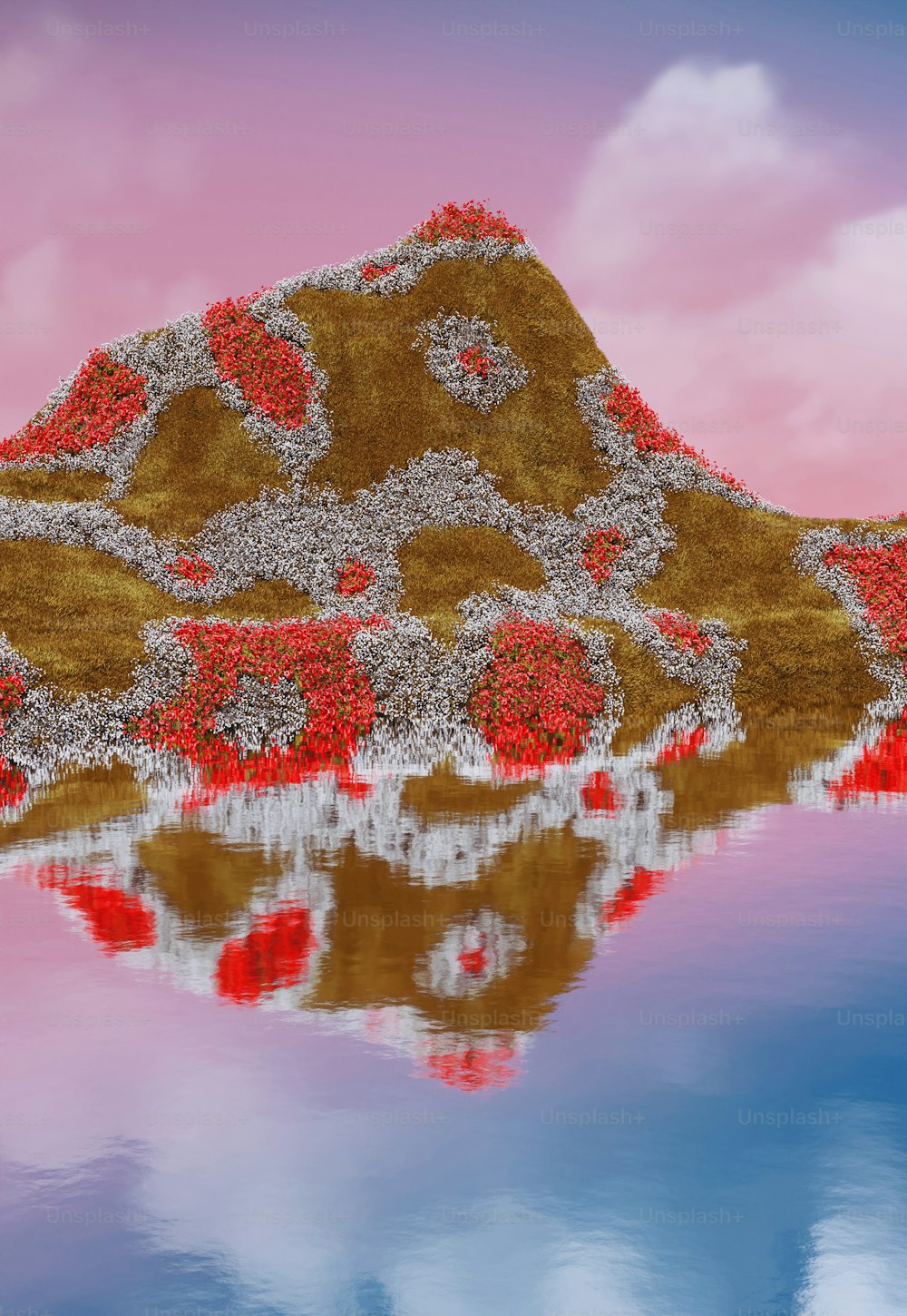 a painting of a mountain with red flowers on it