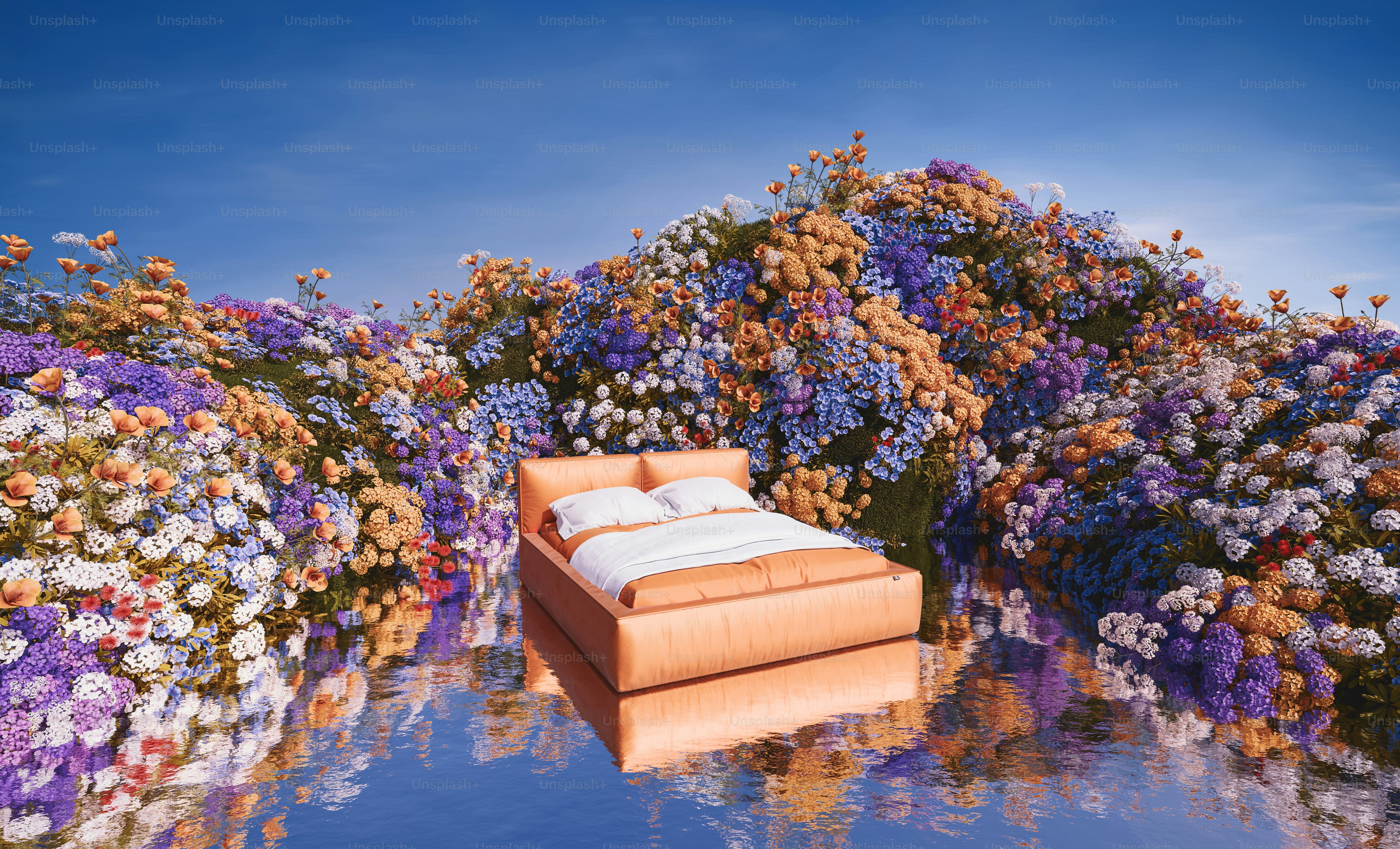 un lit assis au milieu d’un champ de fleurs