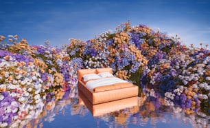 a bed sitting in the middle of a field of flowers
