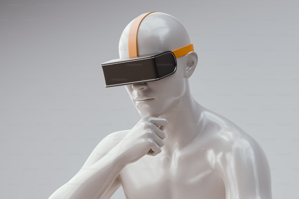 a white mannequin with an orange band around his head