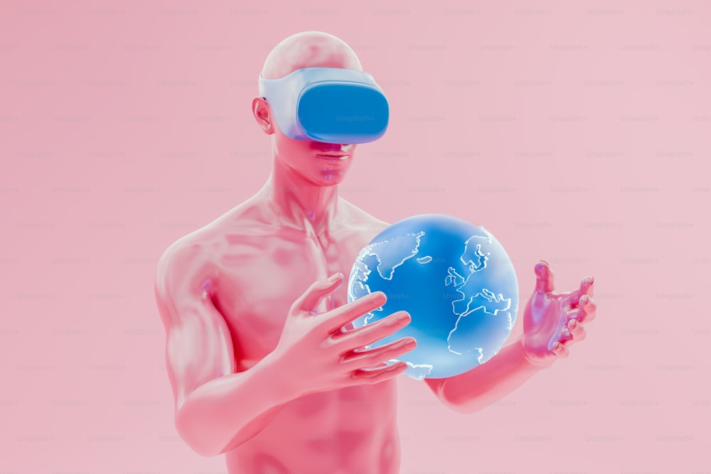 Ein Mann hält einen blau-weißen Globus in den Händen