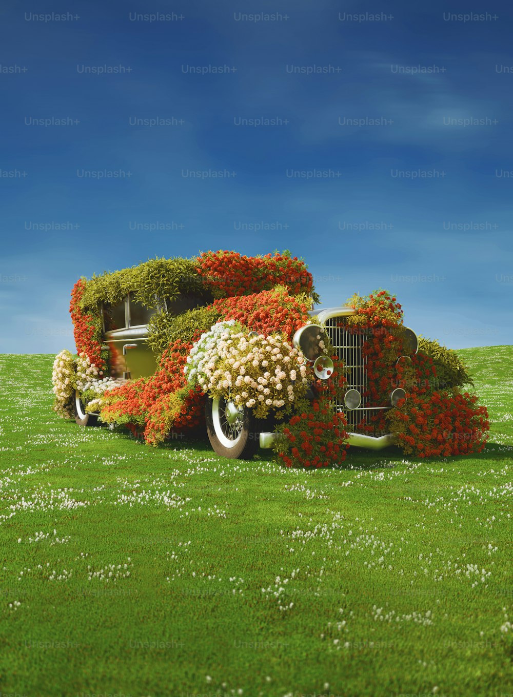 Un coche cubierto de flores sentado en lo alto de un exuberante campo verde