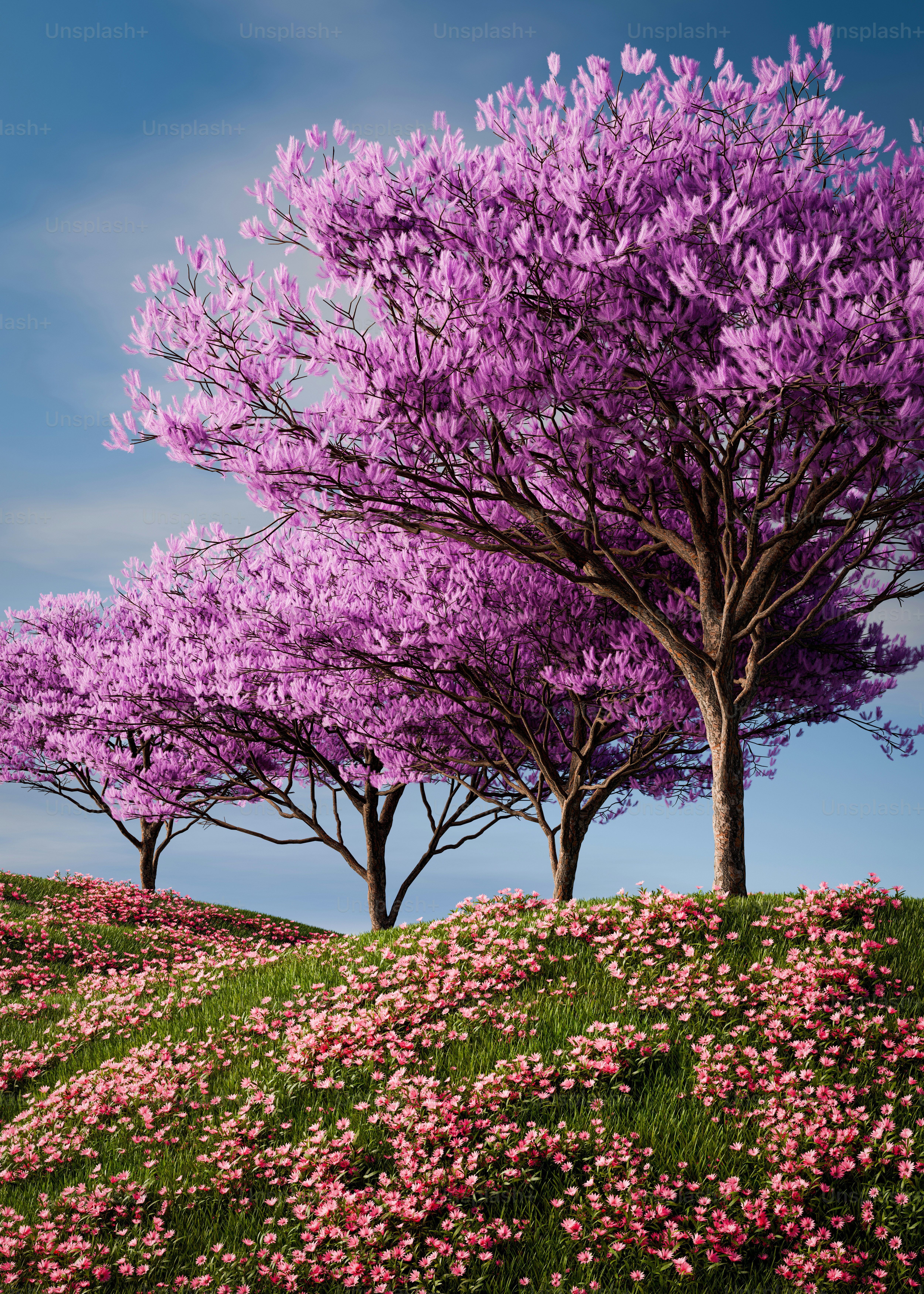 a group of trees with purple flowers in the foreground