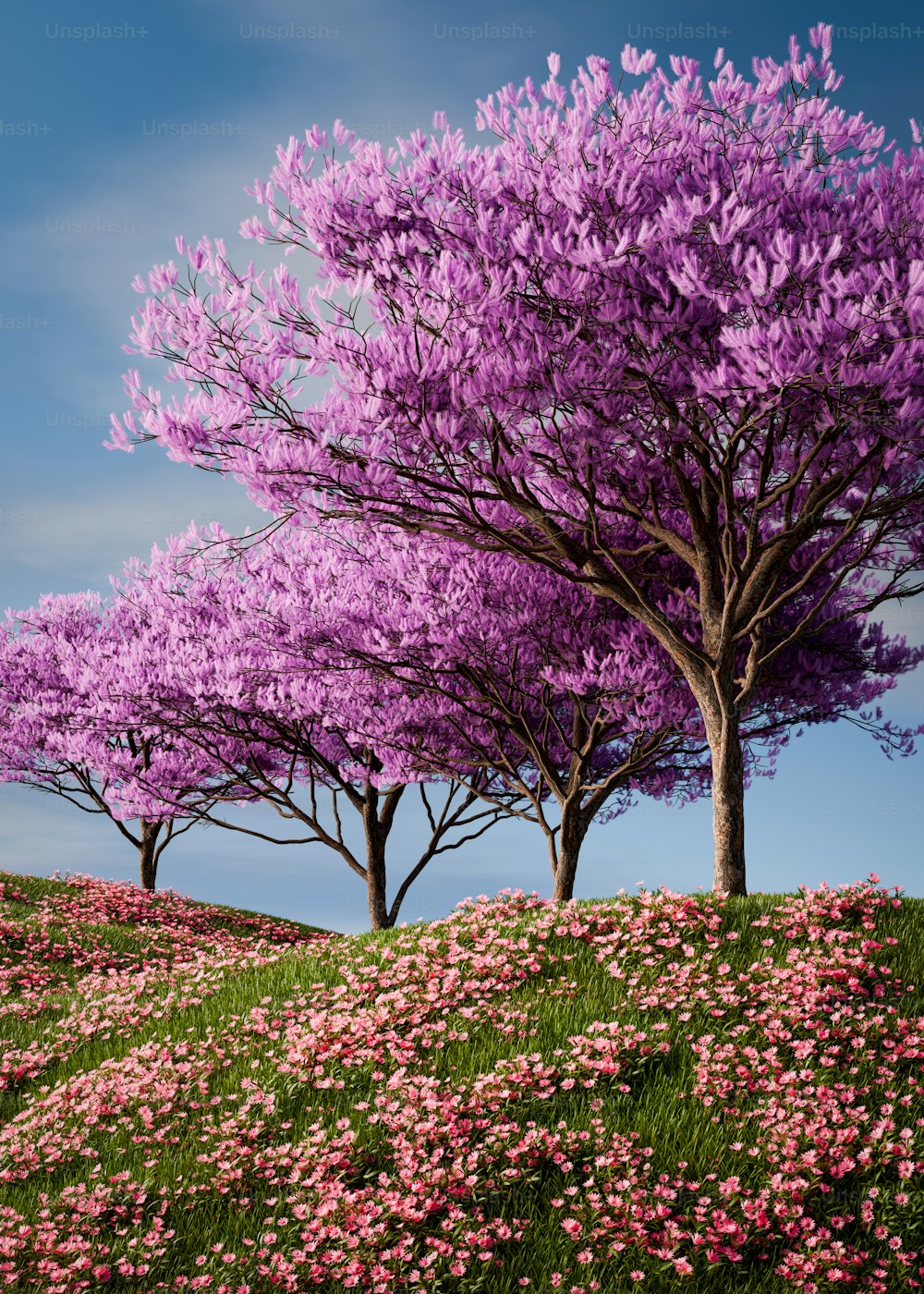 a group of trees with purple flowers in the foreground