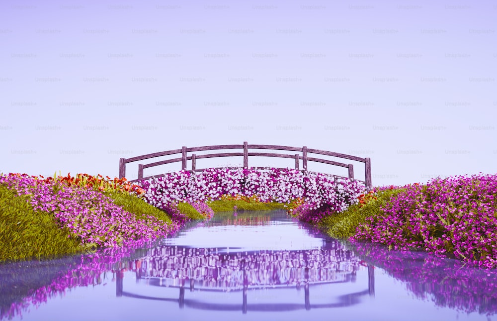 a bridge over a body of water surrounded by purple flowers