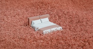 una cama sentada en medio de una alfombra roja