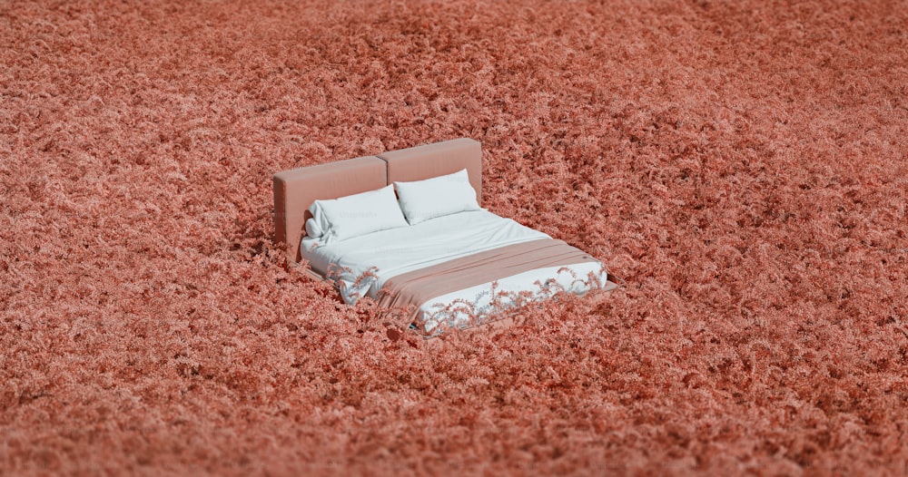 a bed sitting in the middle of a red carpet
