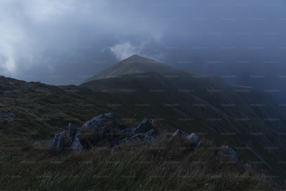 ein grasbewachsener Hügel mit einem sehr hohen Berg im Hintergrund