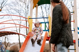 a little girl sitting on a slide at a playground